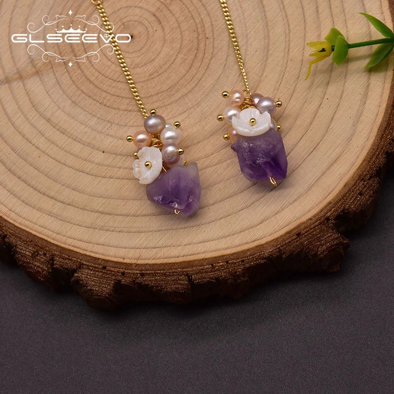Natural Freshwater Pearl Long Dangle Earrings for Woman Wedding Amethyst 925 Silver Shell Flower Korean Jewelry