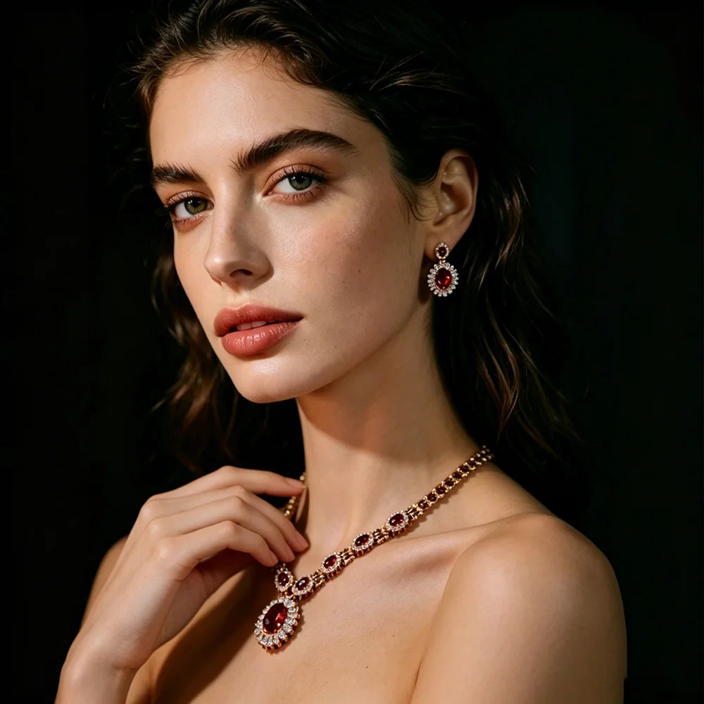 Luxury Oval Zirconia Halo Floral Pendant Necklace & Drop Earrings Bridal Set — Gold Plated