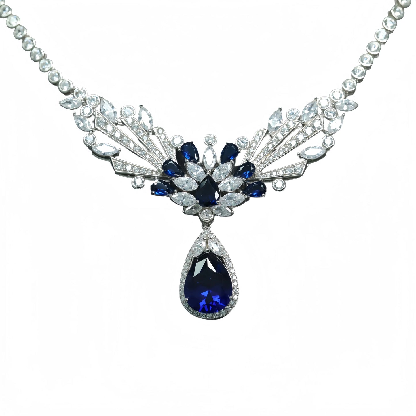 MUSHAN Luxury Rhodium Plated 925 Sterling Silver High Carbon Diamond Synthetic Sapphire Water Drop Shape Pendant Necklace