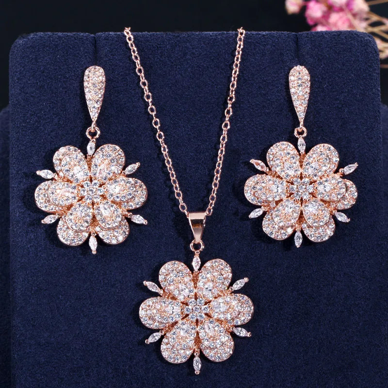 High Quality 3D Design Chic CZ Zirconia Crystal Rose Gold Color Flower Drop Earrings and Necklace Women Engagement Jewelry Sets