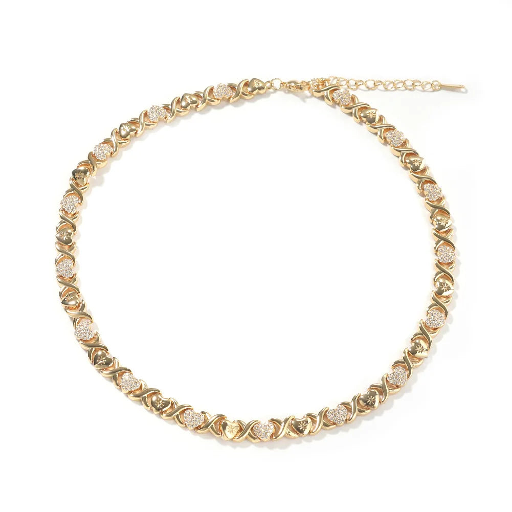 Fashion Gold Plated XOXO Hip Hop Necklace for Men and Women Micro Paved Zircon Heart Charm Choker Necklace