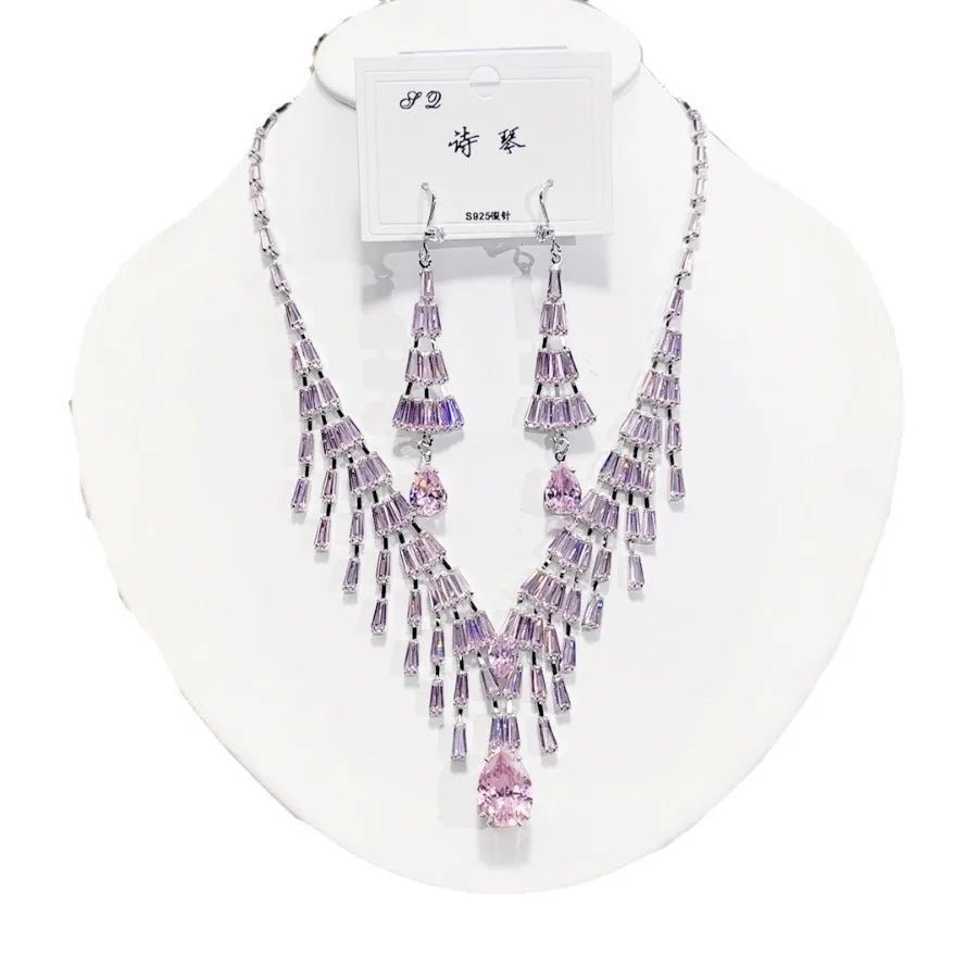 K072 High Quality Women Trendy Luxury Pink Tassel Zircon Bridal Necklace Earrings Set Wedding Elegant Jewelry Set