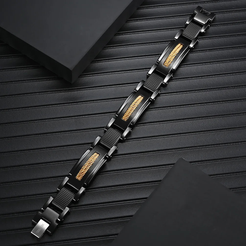 REBEL Men's Stainless Steel Black Zinc Plated Two-Tone Geometric Chain & Link Bracelet for Anniversary