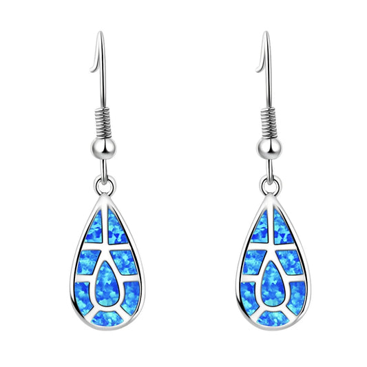Elegant European American Brass Silver Plated Opal Pendant Earrings Teardrop Design Bohemia Style Women's Fashion Wholesale