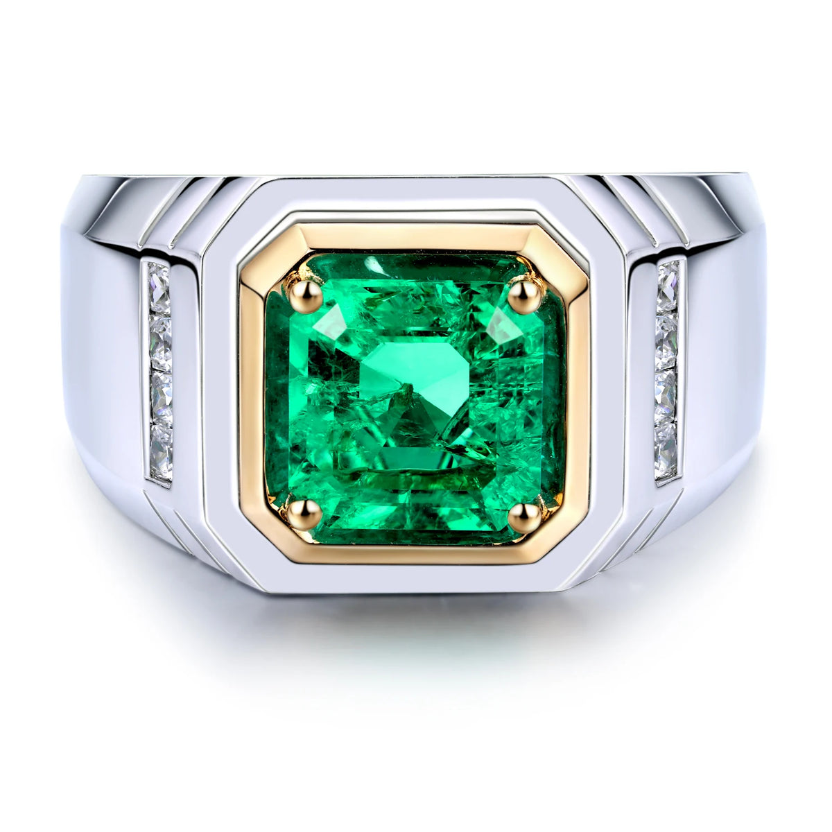 Gemfiori Anster Lab Created Emerald With Inclusions Men's Ring S925 Sterling Silver Lab Made Diamonds and Emeralds Ring