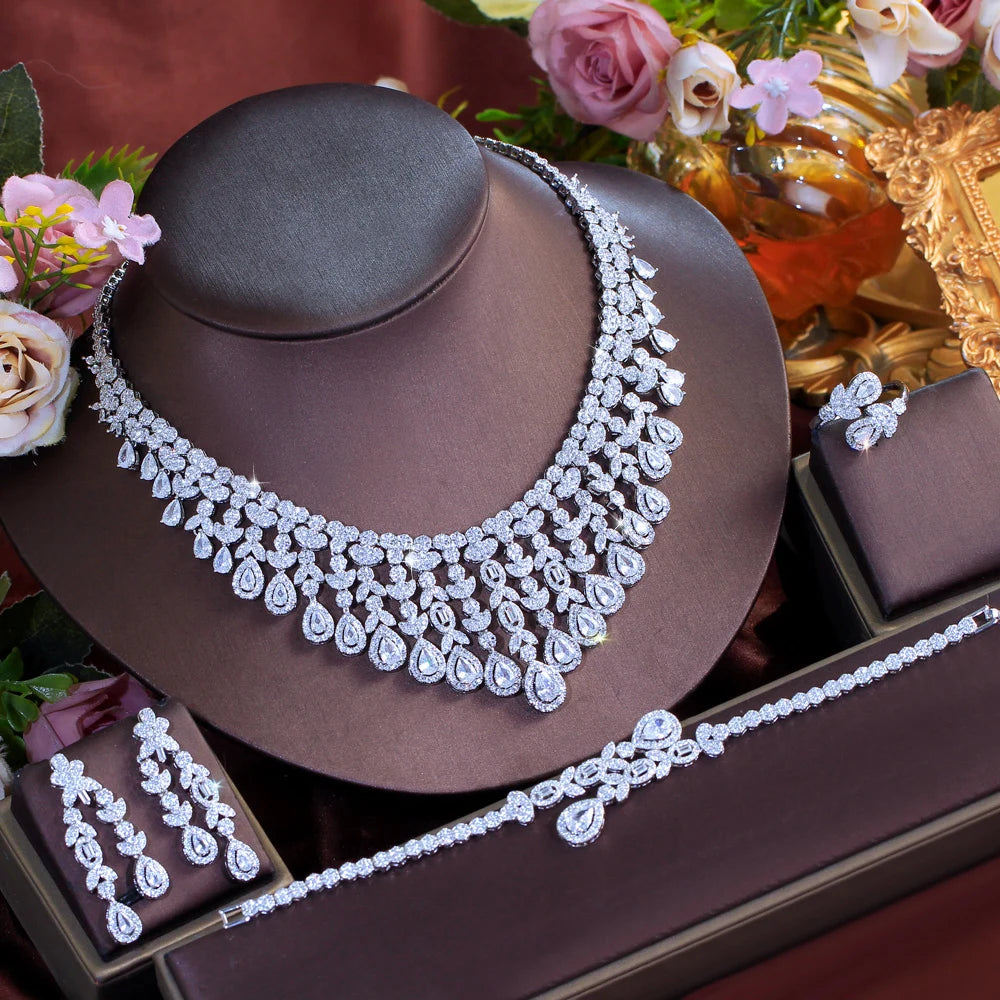 Silver Plated Cubic Zirconia Nigerian Wedding Bridal Long Leaf Tassel Jewelry Set Ring Necklace Earrings Bracelet for Brides