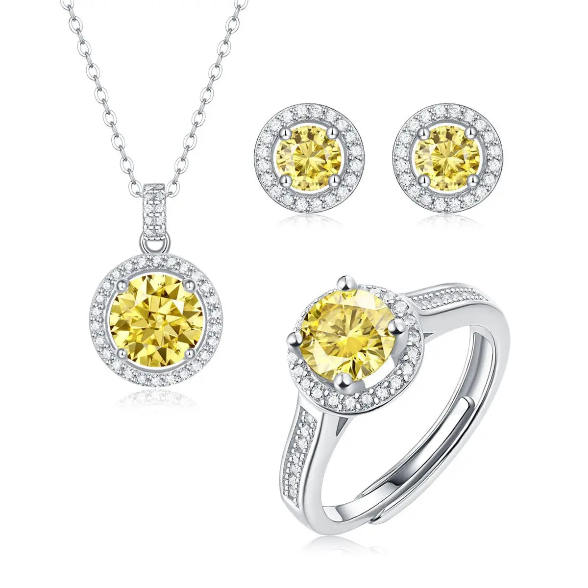 Multi Color Round VVS Moissanite 4Pcs Halo Jewelry Set Adjustable Ring Pendant Necklace Stud Earrings Bracelet S925 Silver Sets