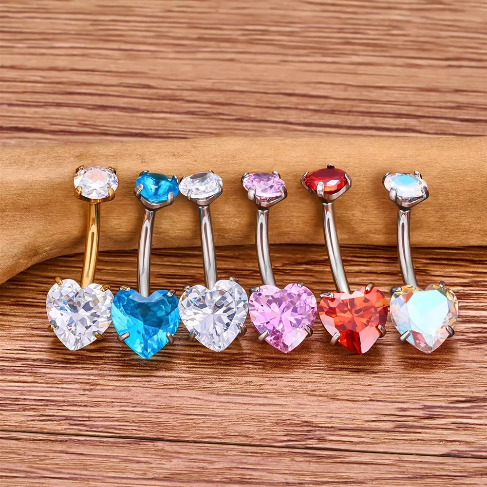 G23 ASTM F136 Titanium Navel Piercing 14G Belly Button Ring Double Heart Zircon Inlay Women Fashion Body Jewelry