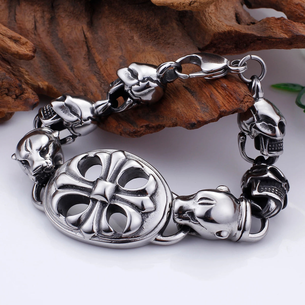 VIKING Mens Punk Skeleton Dog Head Link Bracelet – Silver Stainless Steel