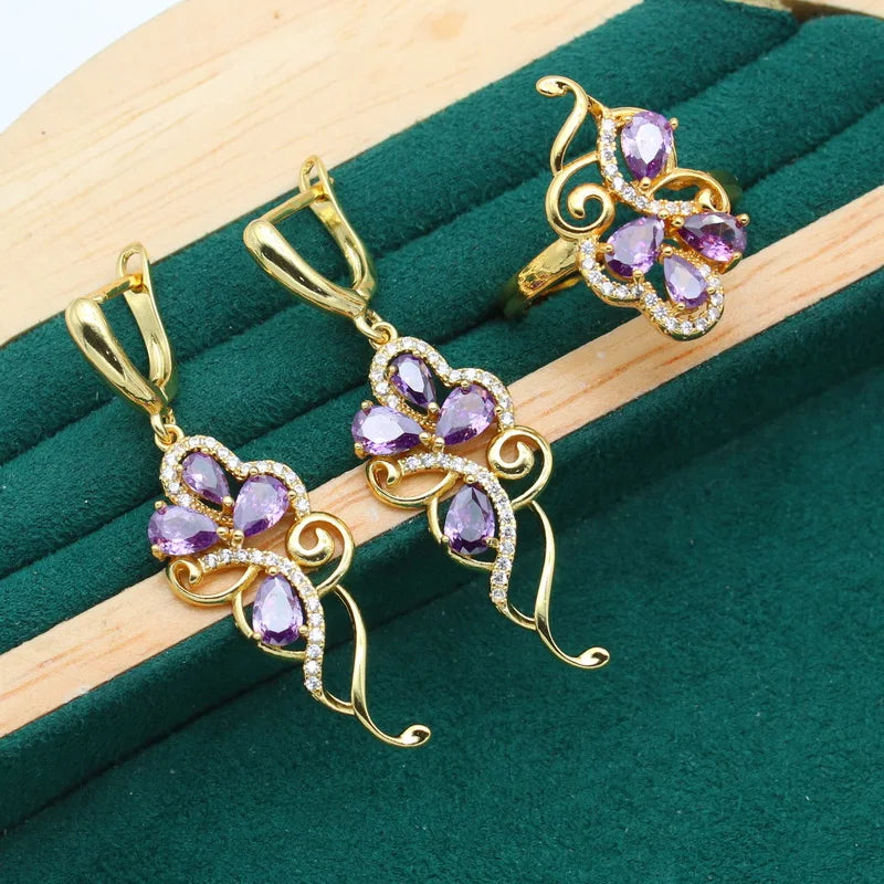 XOTICA Luxurious Purple Zircon Gold Wedding Set for Women Including Bracelet Earrings Necklace Pendant Ring-for Parties Holidays
