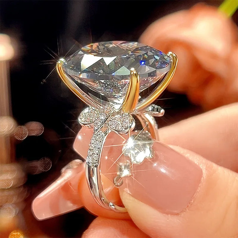 REDheart Fashion Trendy Black Gray Oval Brass Zircon Plating Flower Design Women's Pendant Set 18K Gold Plated Two-Color Opening Ring