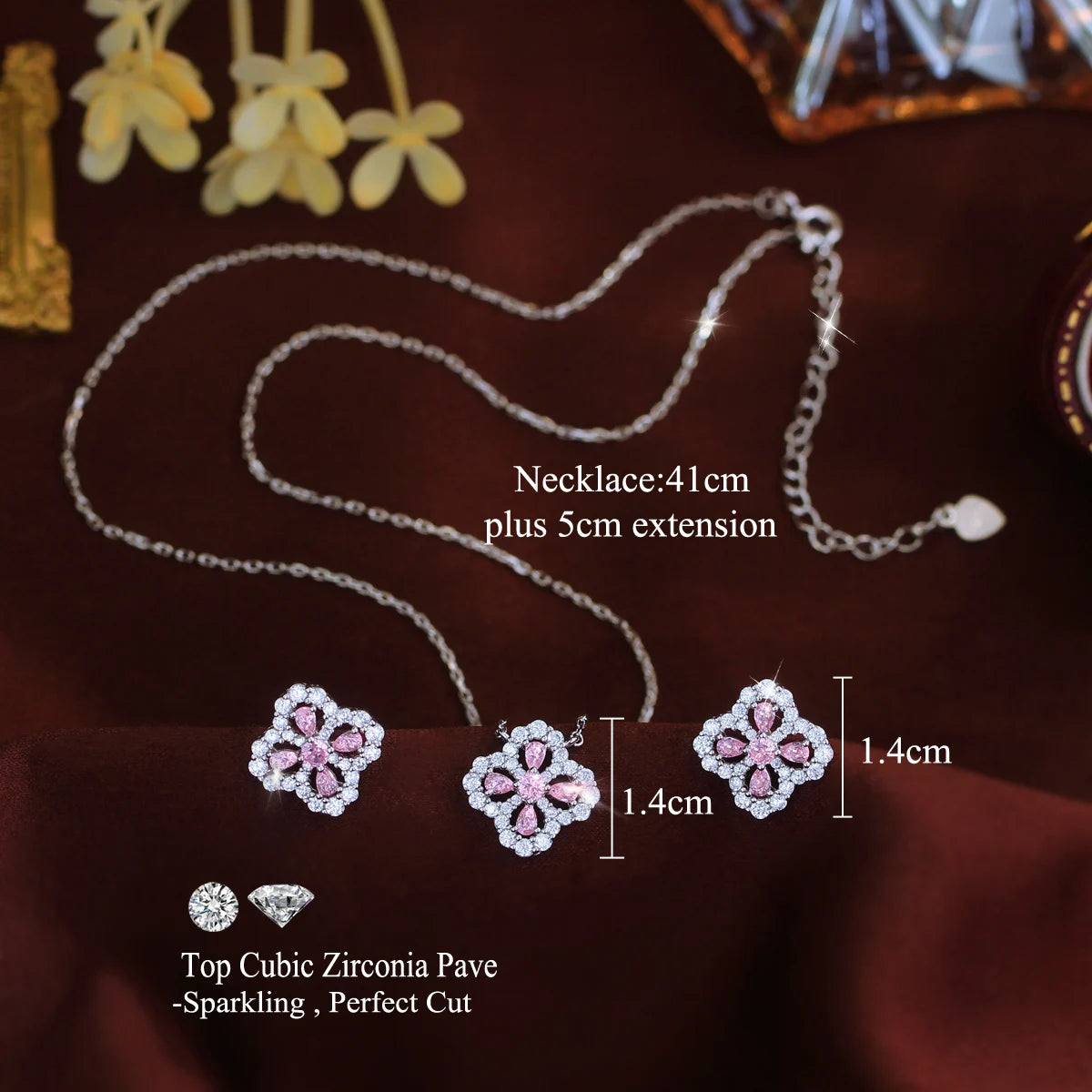 Exquisite S925 Sterling Silver Hypoallergenic Fully Pave Four-Leaf Clover Chain Necklace and Earrings Fine Jewelry Set for Women