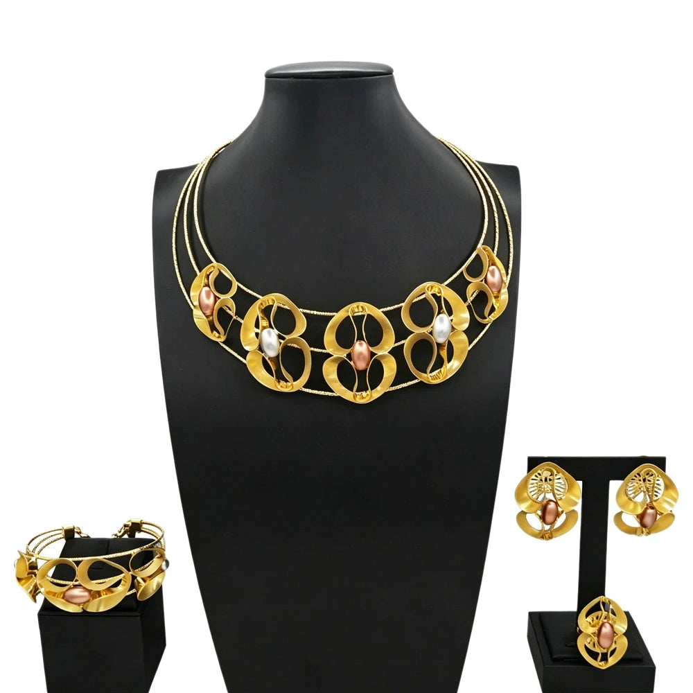 Zhuerrui Alloy Handmade Golden Jewelry Set with Openwork Metal and Multi Tone Pearls Includes Necklace Bangle Earrings and Ring