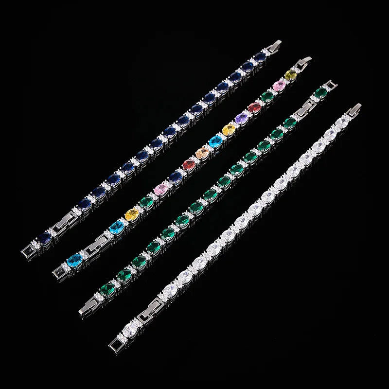 Hip Hop Korean Style Jewelry Oval Cut AAA Cubic Zirconia Blue Bracelet for Women Wedding Party Engagement Simple Versatile Gift