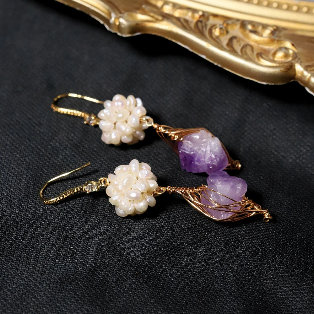 Natural Freshwater Pearl Flower Ball Amethyst Earrings Korean Style Women Luxury Jewelry Fashion Ladies and Girls Gift GE1578