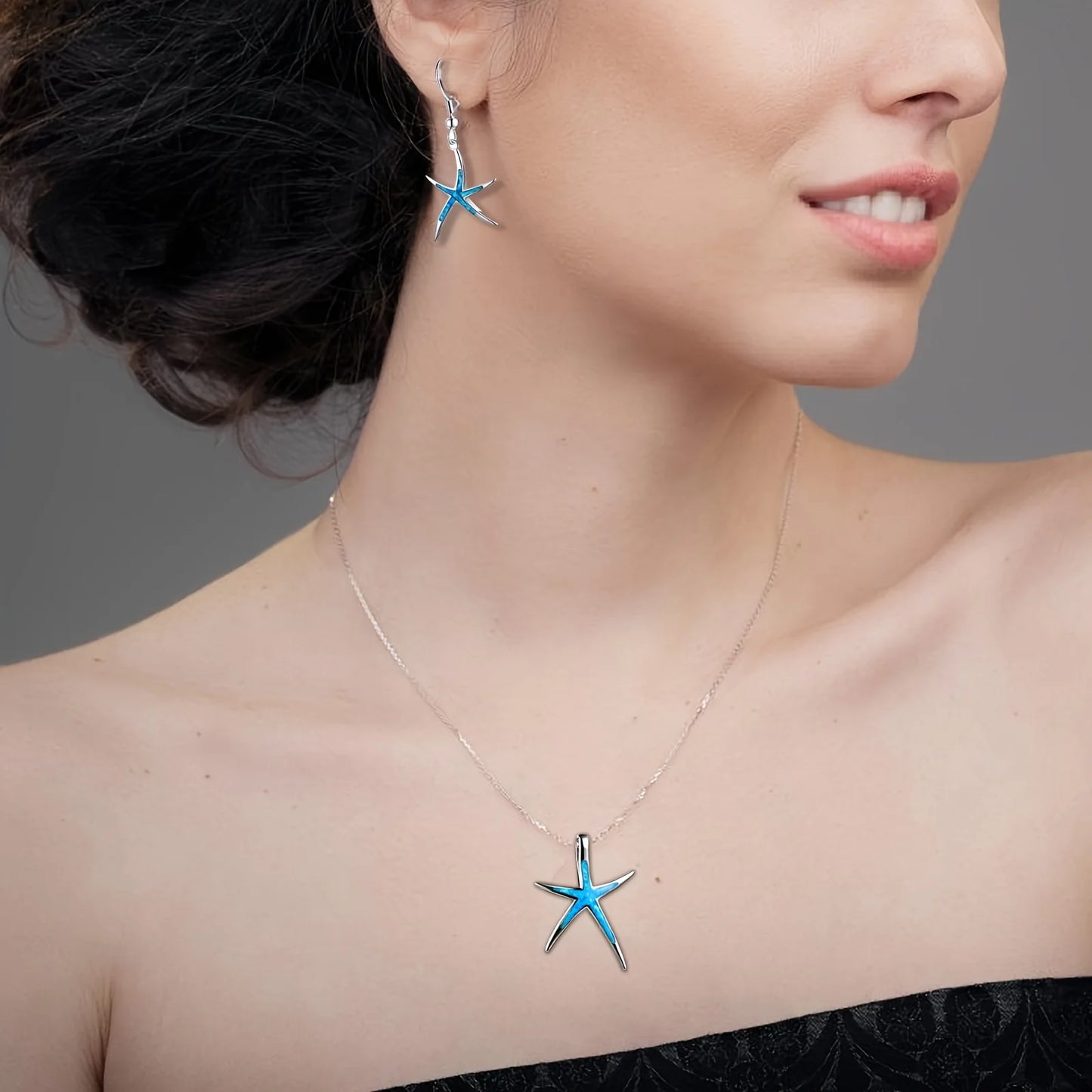Marine Star Opal Jewelry Set Blue Fire Opal Sea Star Necklace & Earrings Coastal Pet Lover Bulk Gifts