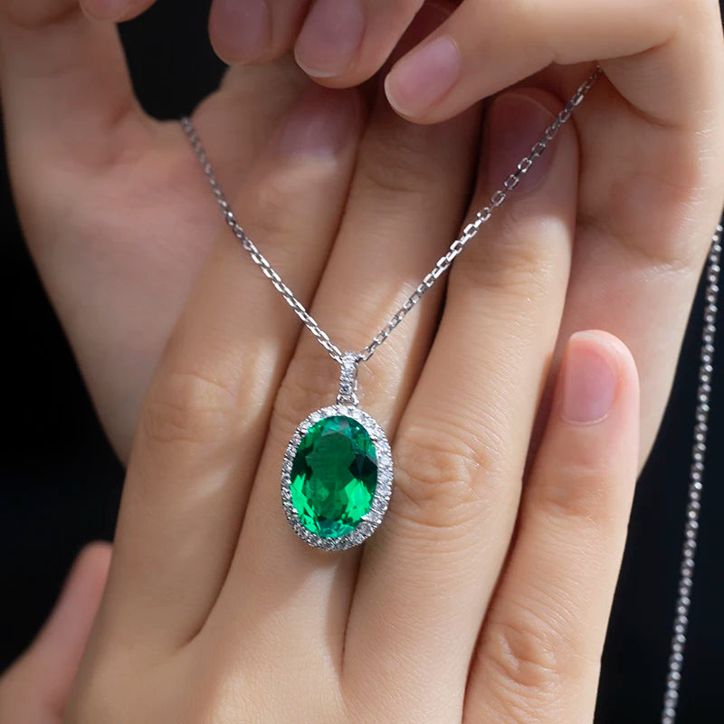 Messi Jewelry  MSN-737 18K White Gold Oval Shape Lab Emerald Moissanite Pendant Necklace