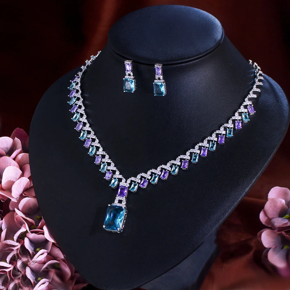 Beautiful Purple Blue Cubic Zircon Crystal Dangle Drop Bridal Wedding Necklace Earrings Party Jewelry Sets for Women