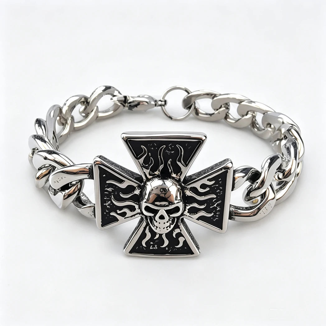 Vintage Men's Stainless Steel Bracelet Gothic Skull Celtic Knot Cross Cuban Chain Woven Braid Street Style Jewelry Gift