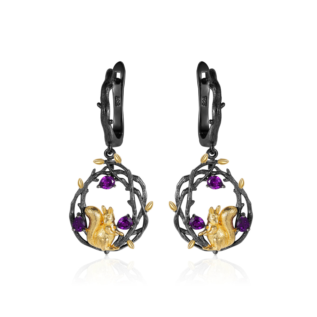 ArtistA C7874 Abiding Forest Spirit 925 Silver Gold-Plated Natural Forest-Core Niche Design Amethyst Squirrel Jewelry Set