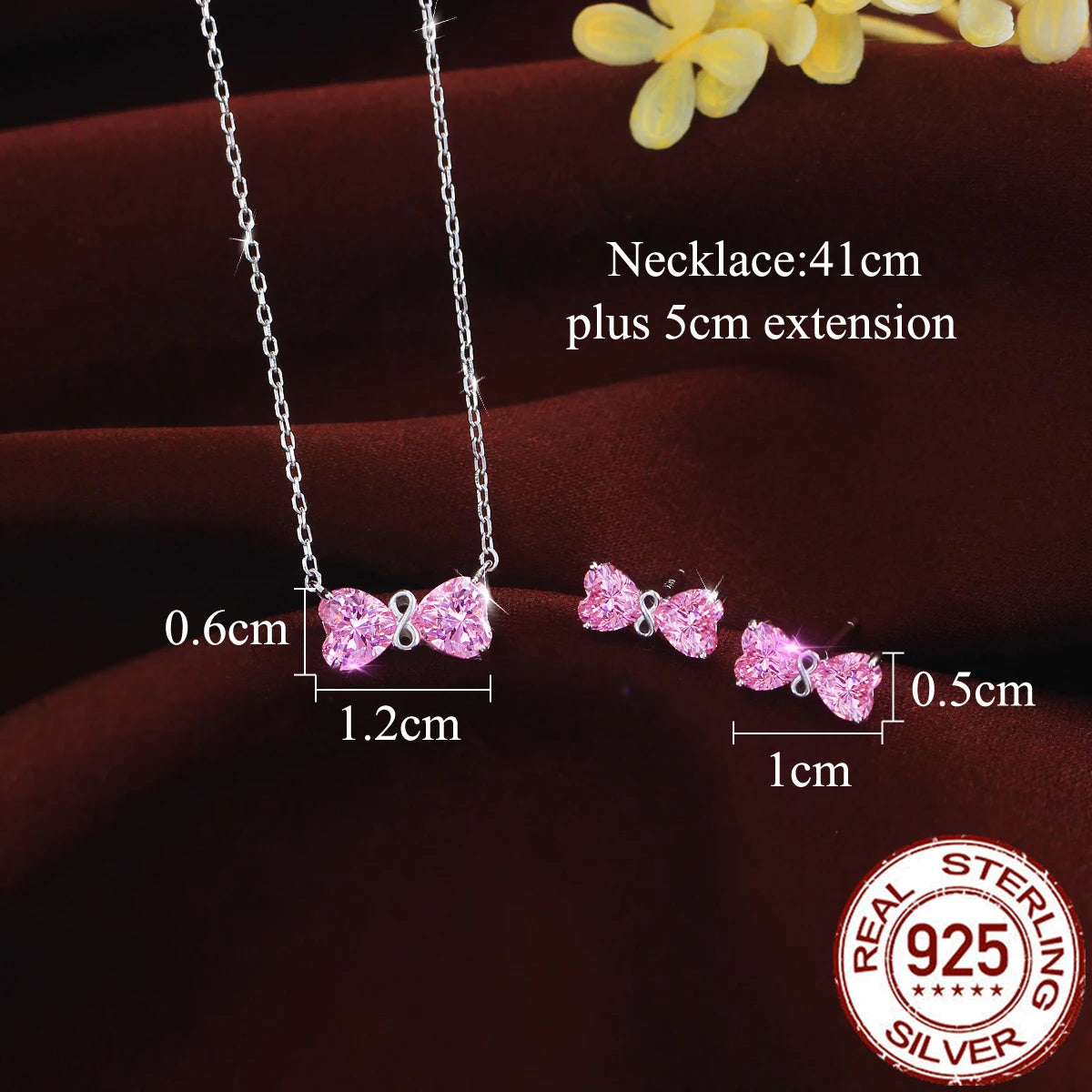 Beauty CZ Jewelry Set Pink Double Heart Zirconia Bow Pendant Necklace Earrings Jewelry Set for Women 925 Sterling Silver Jewelry
