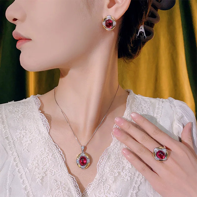 REDheart Copper Inlaid 18K Gold Plated Two-Color Open Ring Simulation Flower Design Women's Palace Style Niche Pendant Necklace Set