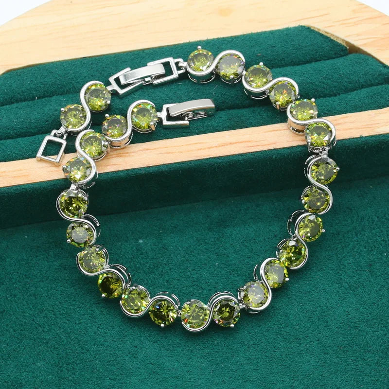 XOTICA Customizable 925 Silver Jewelry Set for Women Green Peridot Zircon Wedding Bracelet Hoop Earrings Necklace Pendant Christmas