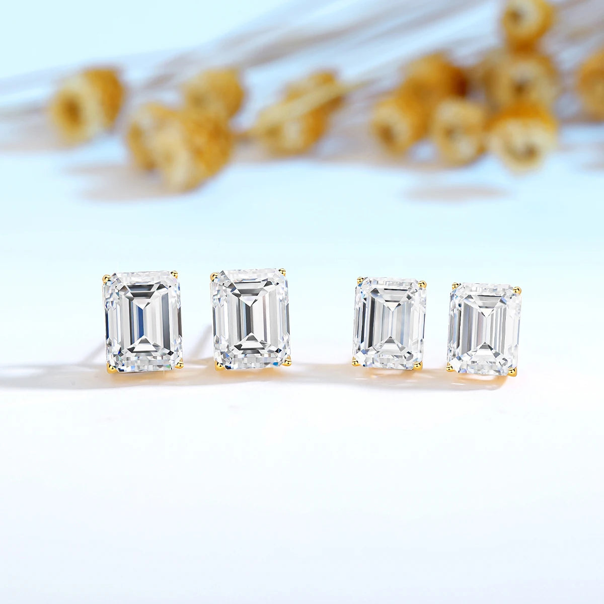 Gioiellieri Woman Fine Jewelry 4 Prong Design Real 14K Gold Hollow Luxury 1ct 2ct 3ct Emerald Cut Moissanite Stud Earrings