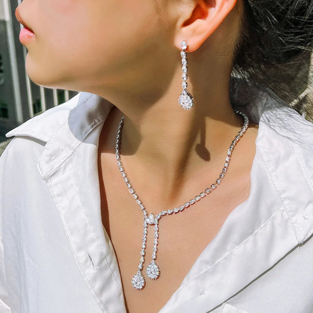 Luxury Bling Cubic Zirconia Crystal Bridal Bridesmaid Jewelry Set for Wedding Drop Earrings and Necklace Jewelry Accessories