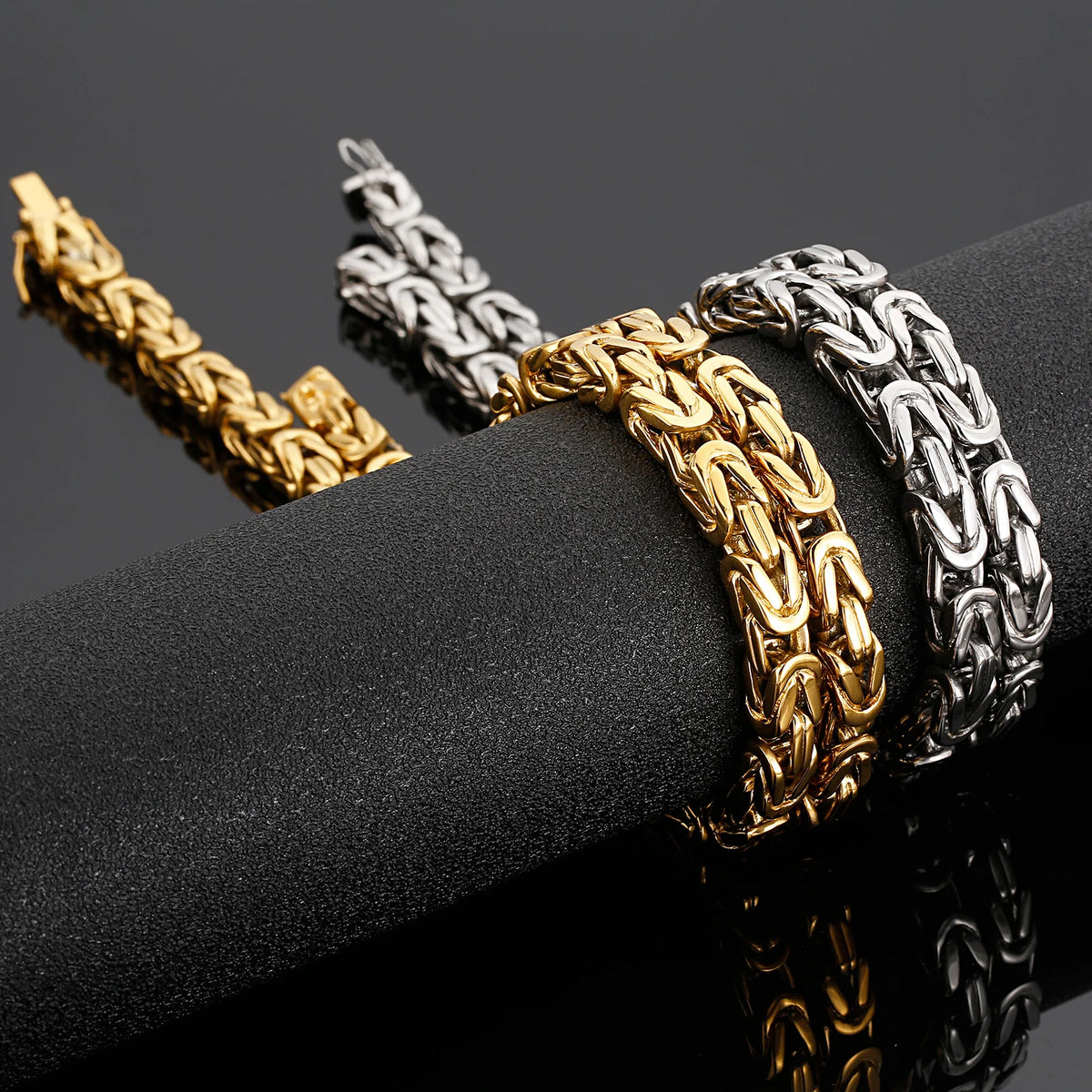 S&S 8mm Byzantine Stainless Steel Flat Link Chain Silver Gold Byzantine Necklace for Men