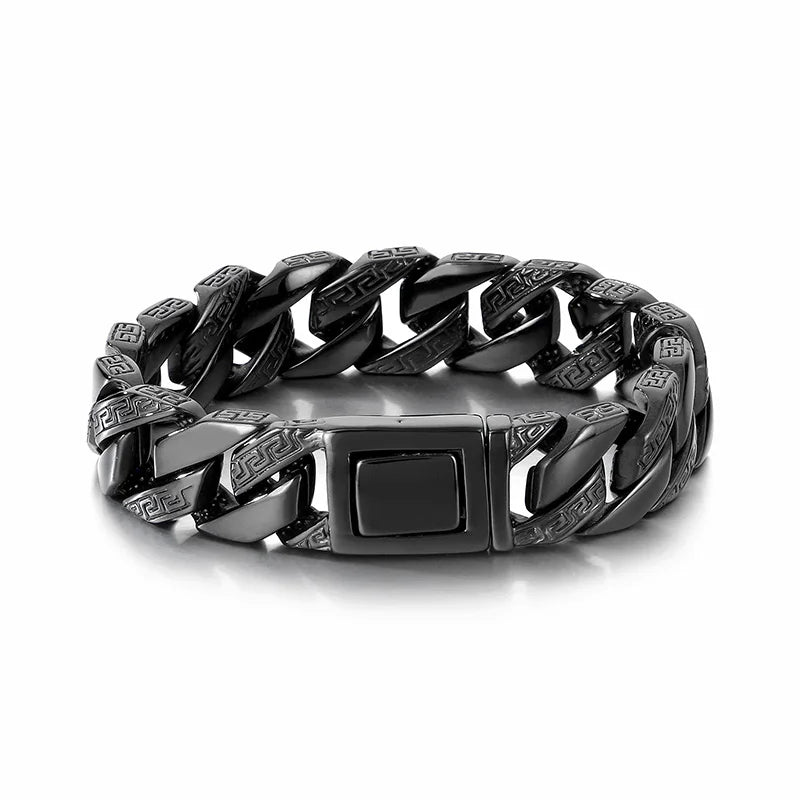 KALEN 22cm High Polished Engrave Symbol Retro Stainless Steel Mens Cuban Chain Link Bracelet