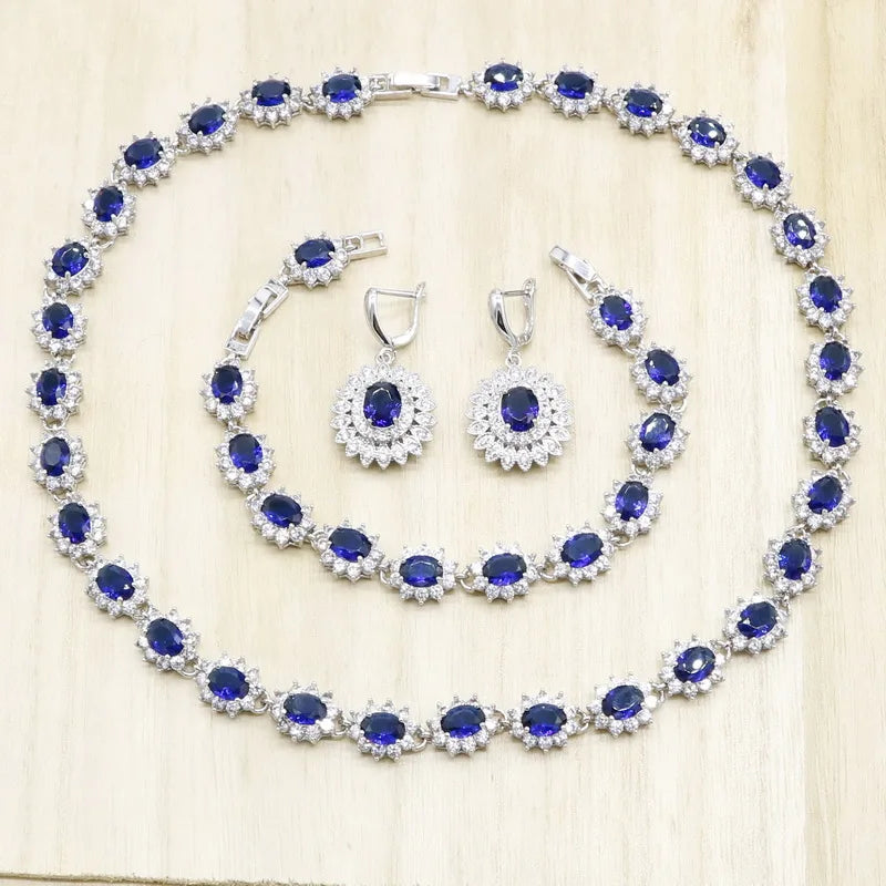 Green Blue Semi-precious Silver Jewelry Sets for Women Necklace Earrings Bracelet Wedding Bridal Jewelry