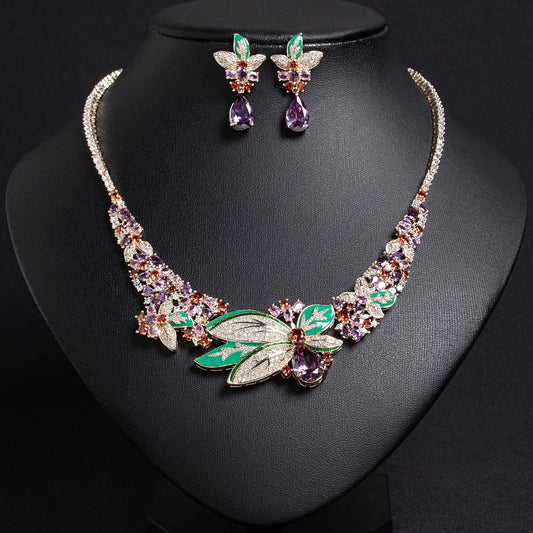 Newest Vintage Platinum Plated Brass Greek Iris Zirconia Dragonfly Necklace Earrings Sets Retro for Anniversary Gift