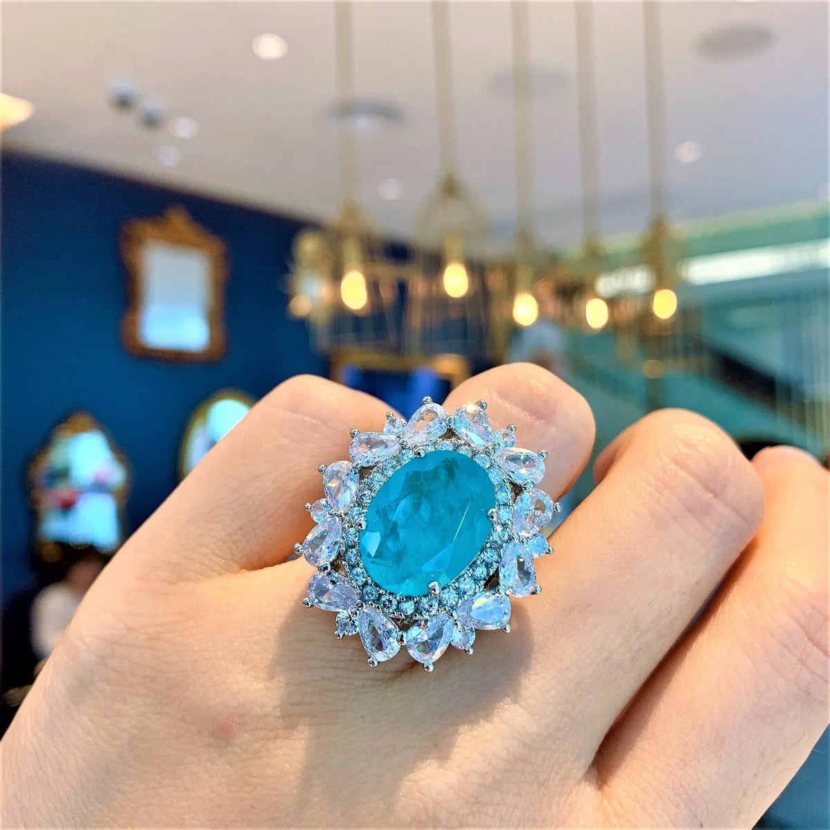 Gemfiori New European and American Style Retro Sea Blue Jewelry Set Zircon Pendant Ring Earrings