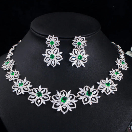 Newest Luxury Bridal Jewelry Sets Brilliant Big Flower Green 3A CZ Necklace Dangle Earring Banquet Wedding Dress Accessories