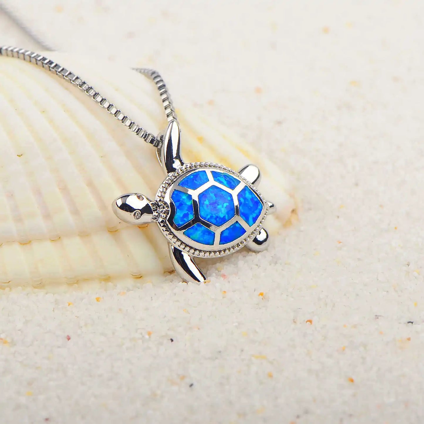 Aobao Christian Copper Silver Plated Blue Opal Animal Turtle Necklace Link Chain Minimalist Pendant for Women Gift