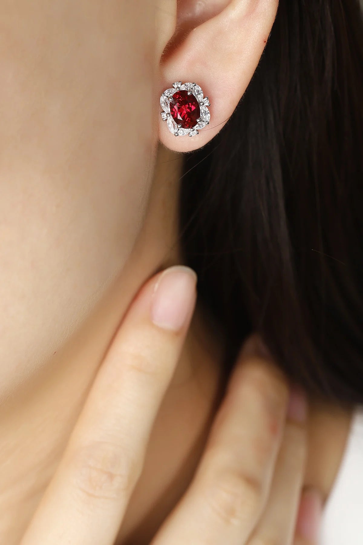 Gemfiori Bridal Jewelry Set Lab Grown Ruby Rings Rhodium Plated Sterling 925 Silver Ring Necklace Earrings for Wedding Party