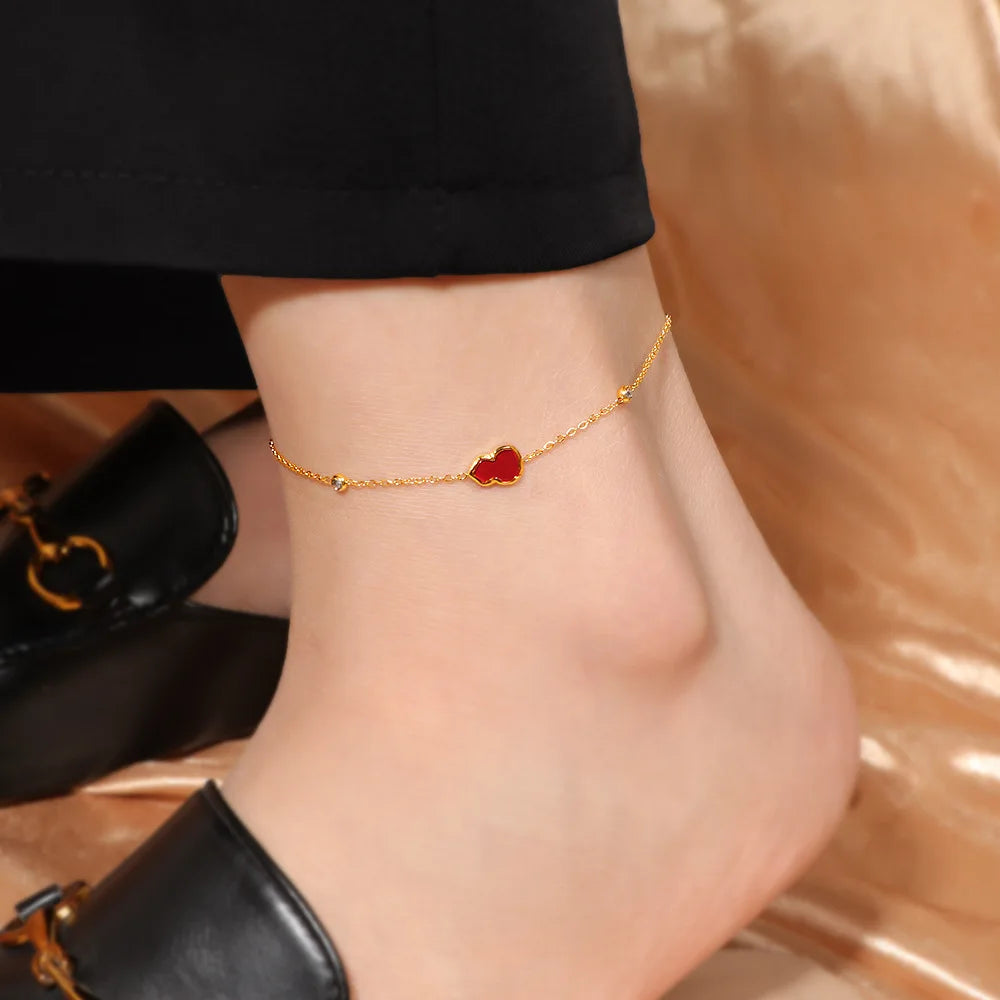 316 Stainless Steel 18K Gold Plated Natural Stone Red Gourd Anklet Women Light Luxury Niche Exquisite Gift Non Fading for Foot