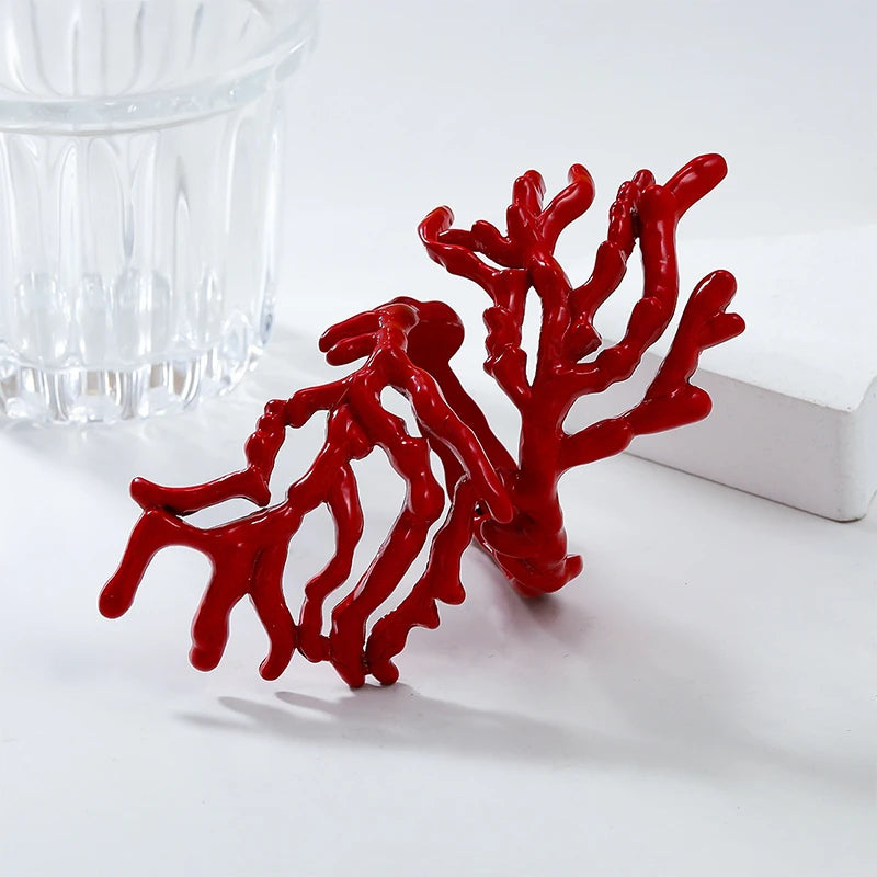 Red Coral Branch Alloy Jewelry Set, Adjustable Bangle & Ring, Bold Hip-hop Statement Pieces for Summer & Beach Parties