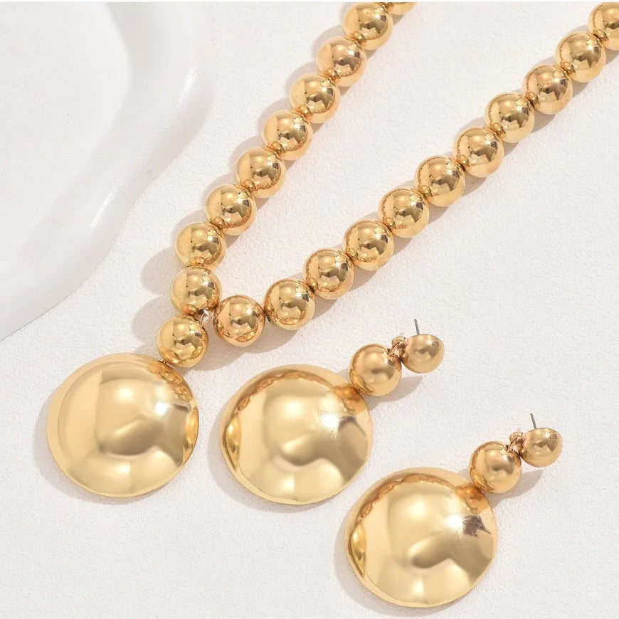 18K Gold Vintage Bead Power Necklace, Earrings & Ring Jewellery Set | High-End Pendant Fashion Set