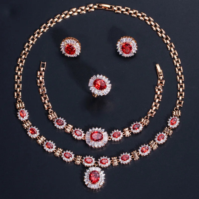 4 Piece Luxury Nigerian Yellow Gold Designs Indian Wedding Red Cubic Zirconia Bridal Jewelry Sets for Women Party Accessories