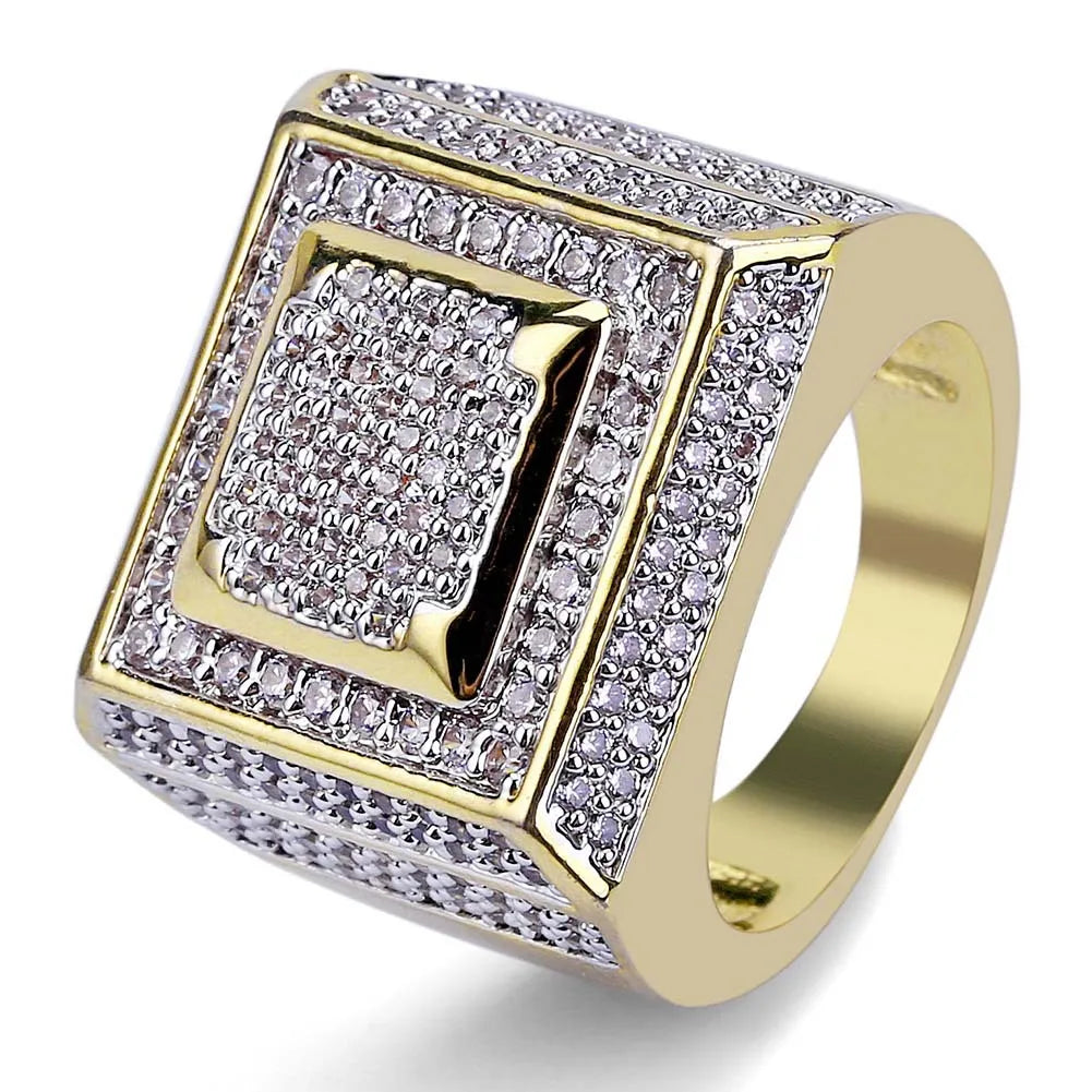 Gemfiori Fashionable Plated with 18K Gold Hip Hop Iced Out Bling Ring Micro-set Zirconium Stone CZ Personality Rings for Men