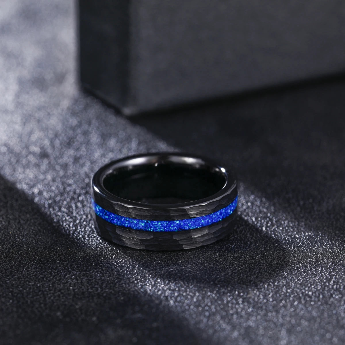 OAHLAN Fashion Jewelry 8mm Blue Opal Inlaid Hammered Pattern Anti Rust Tungsten Carbide Rings for Men Engagement Anniversary
