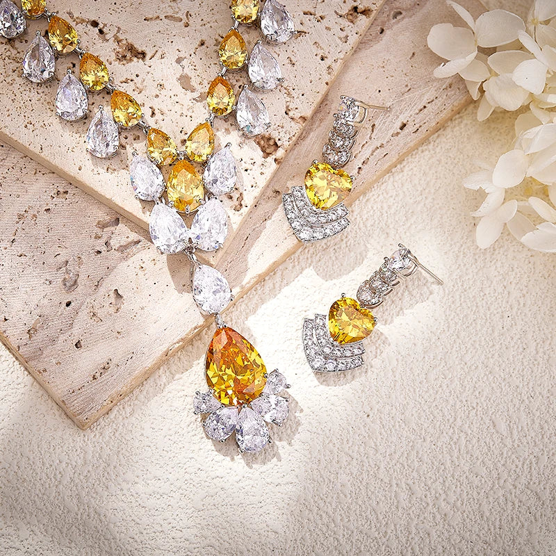 2025 New Product Full Water Drop Shaped Necklace Earrings Women's Fashion Jewelry Set Brass Inlaid with Zirconium