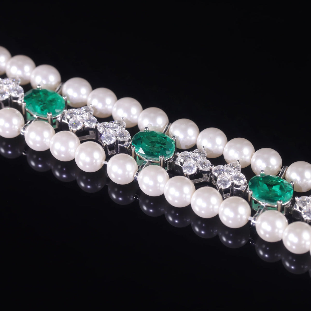Gemfiori AB067 Abiding Exquisite Imitated White Pearl Emerald White Quartz 925 Silver 3 Row Tennis Bracelet for Ladies at Best Price