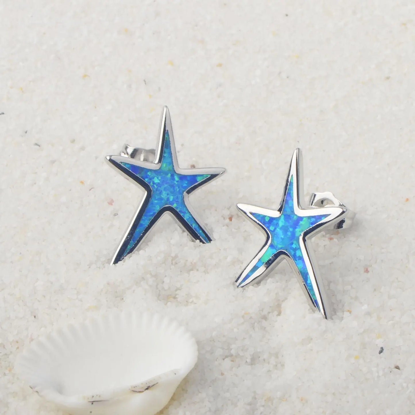 Starfish Stud Earrings - Blue Opal Inlaid Silver Plated Ocean Jewelry for Women Wholesale