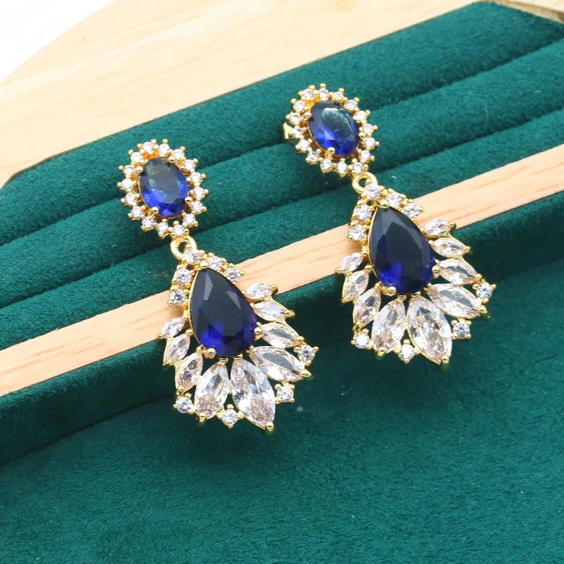 XOTICA Yellow Gold Plated Jewelry Set Women Wedding Sapphire Water Drop Trendy Blue White Crystal Claw Setting Bracelet Earrings