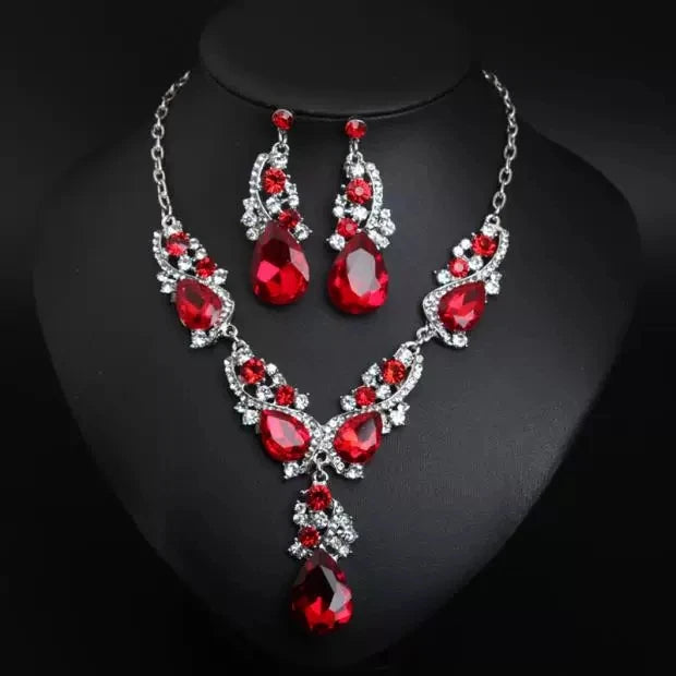 Luxury Princess-Cut Zirconia & Pearl Floral Statement Necklace & Drop Earrings Set — Silver Plated