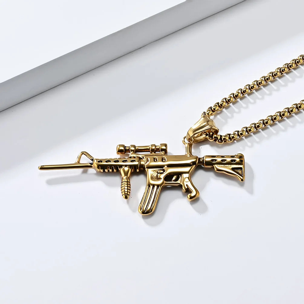 OAHLAN Wholesale 18K Gold Plated M416 Assault Rifle Retro Hip Hop Stainless Steel Pendant Necklace Fashion Jewelry for Men Gifts