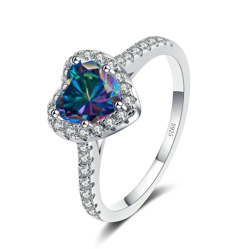 Wholesale Fine Jewelry S925 Sterling Silver Love Heart Ring Light Luxury 1Carat Colorful Heart Shaped Moissanite Engagement Ring